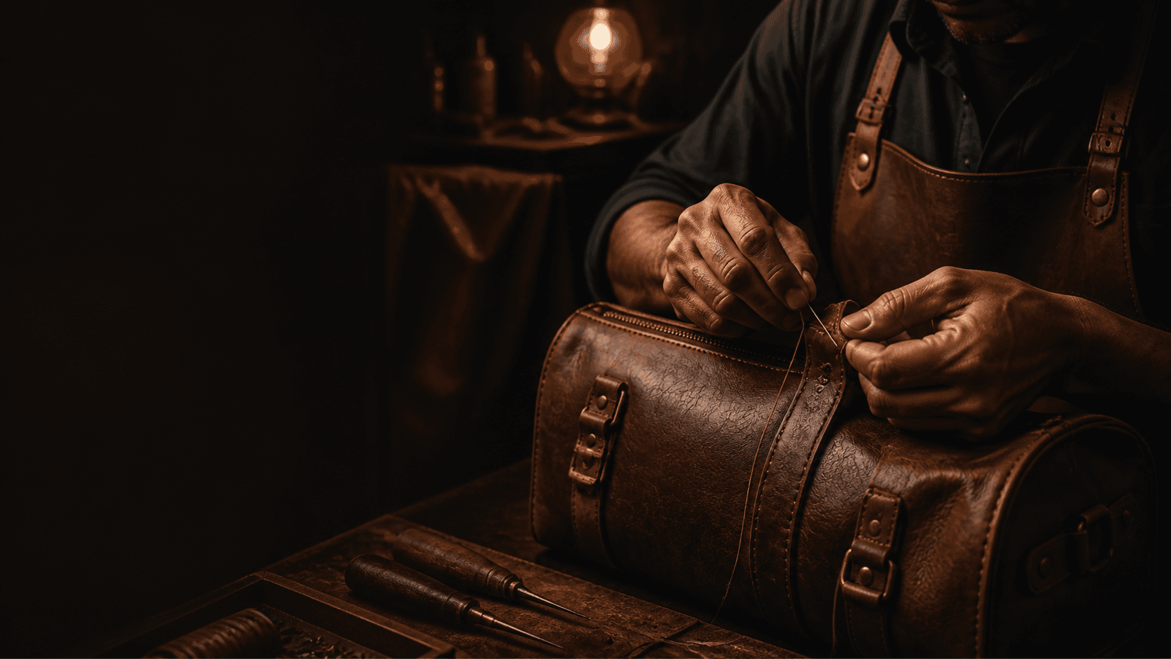 Artisan hand-stitching a full-grain leather travel bag