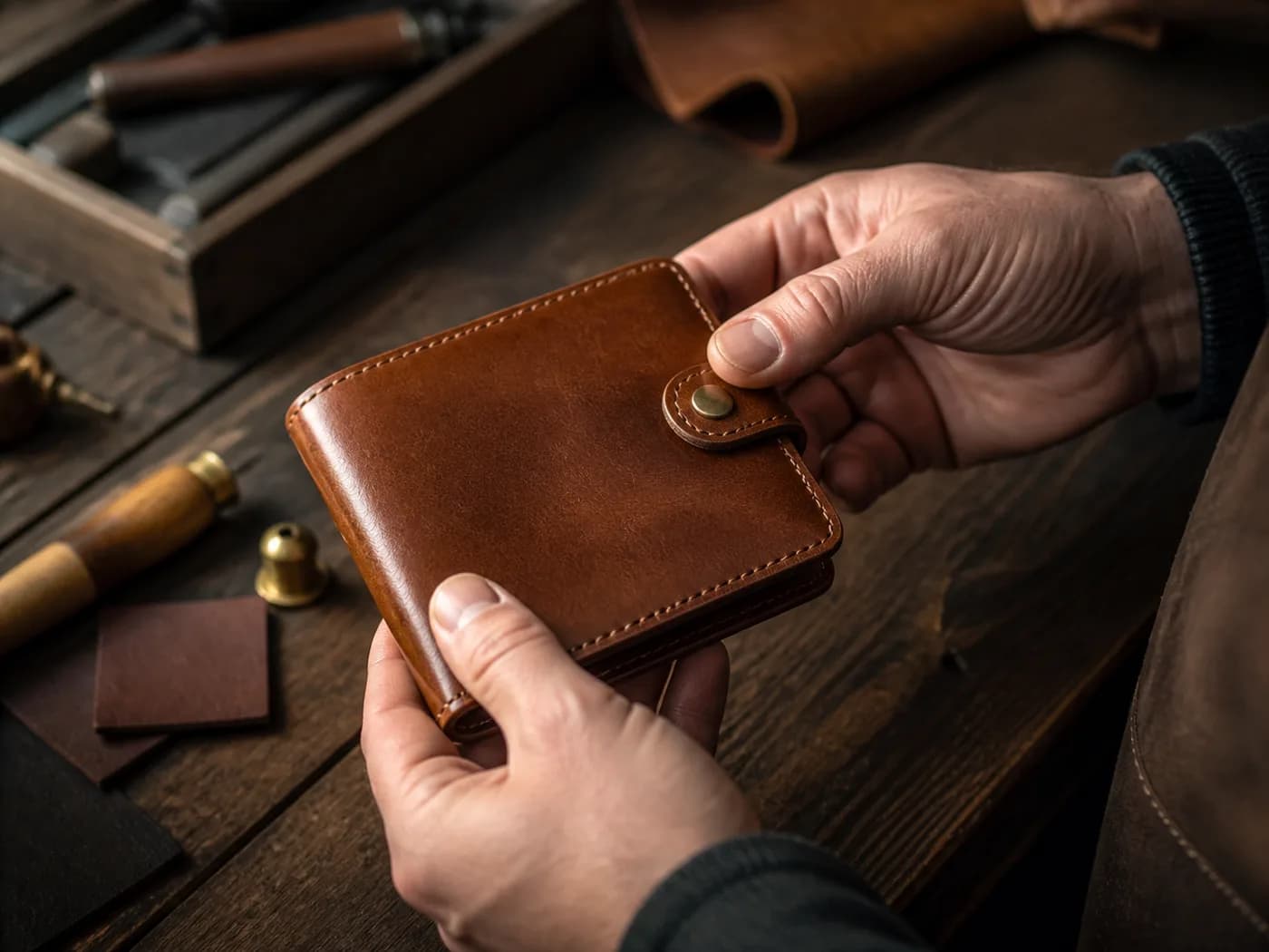 Artisan inspecting the stitching and edges of a leather wallet