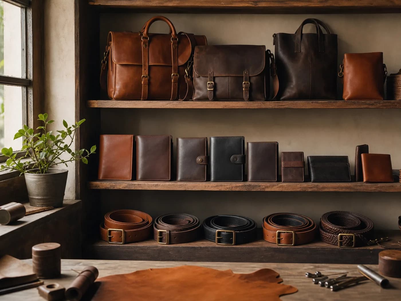 Finished leather goods arranged as a small ready-stock collection